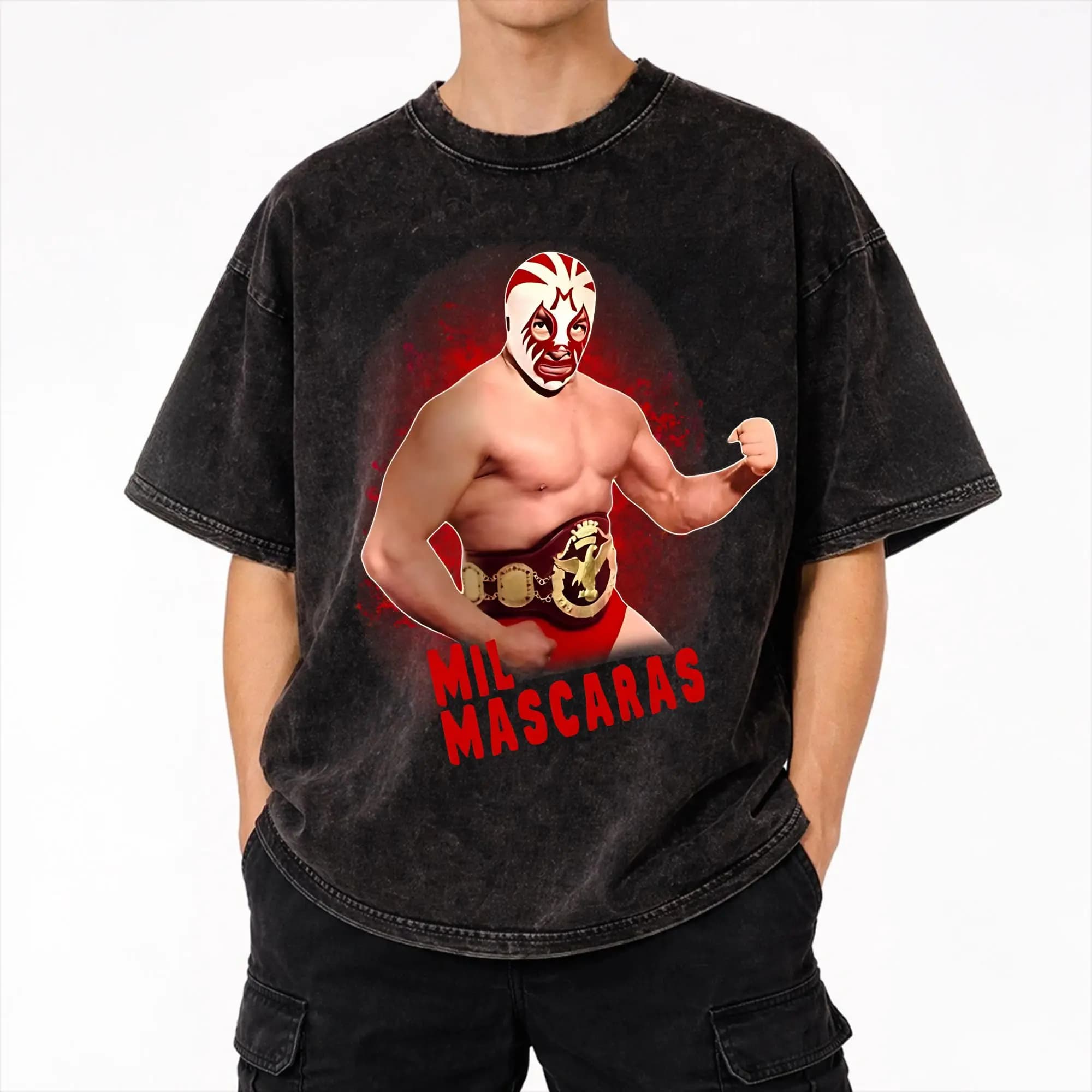 T-Shirt Oversize con Stampa Grafica di Maschera del Lottatore Messicano Mil Mascaras, Maglietta Lavata per Uomo e Donna