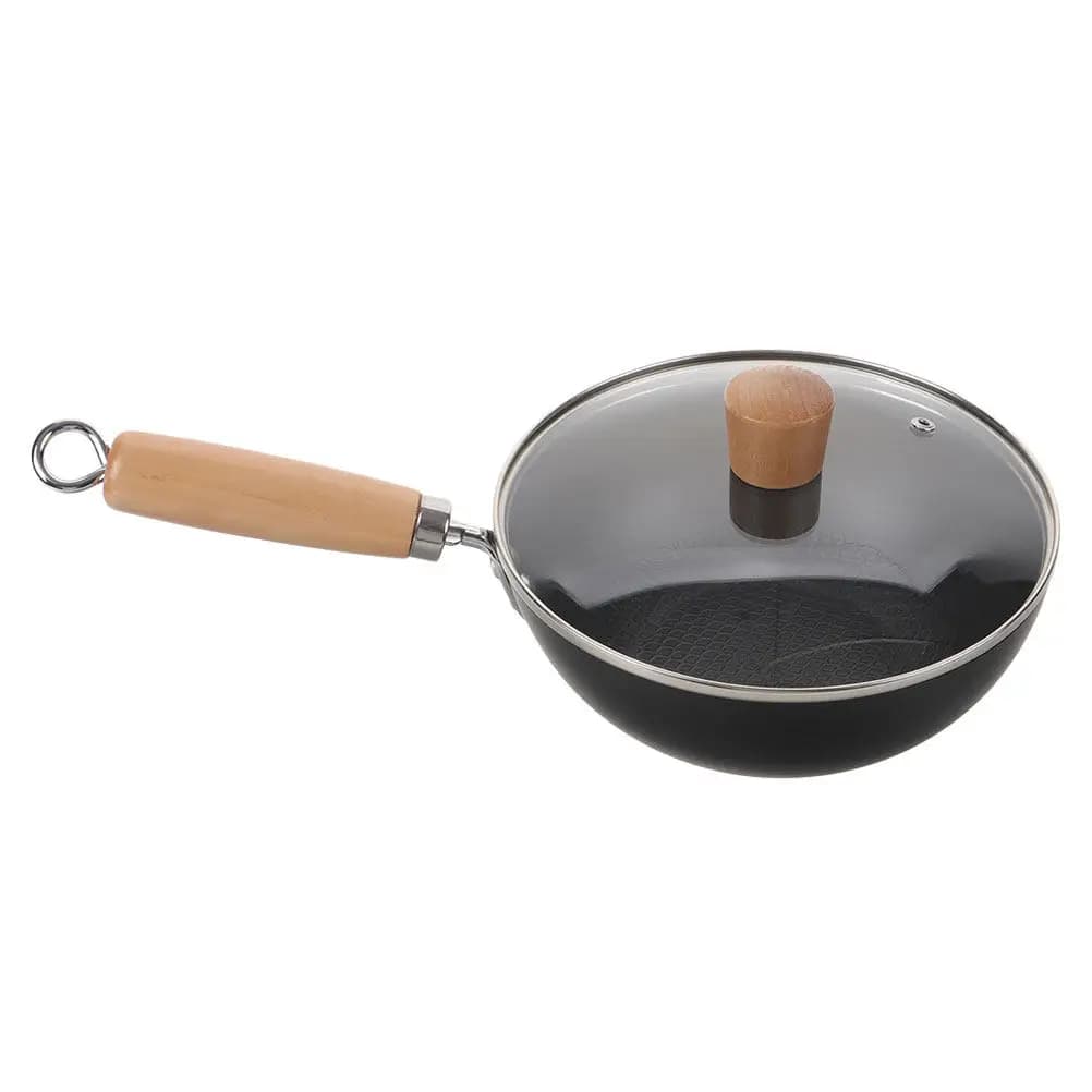 Wok Dining in Ghisa with Lid, Traditional Chinese Kitchen, Anti-agent, for Stir-Fry, with Wood Handle, Gas and Electric cookers