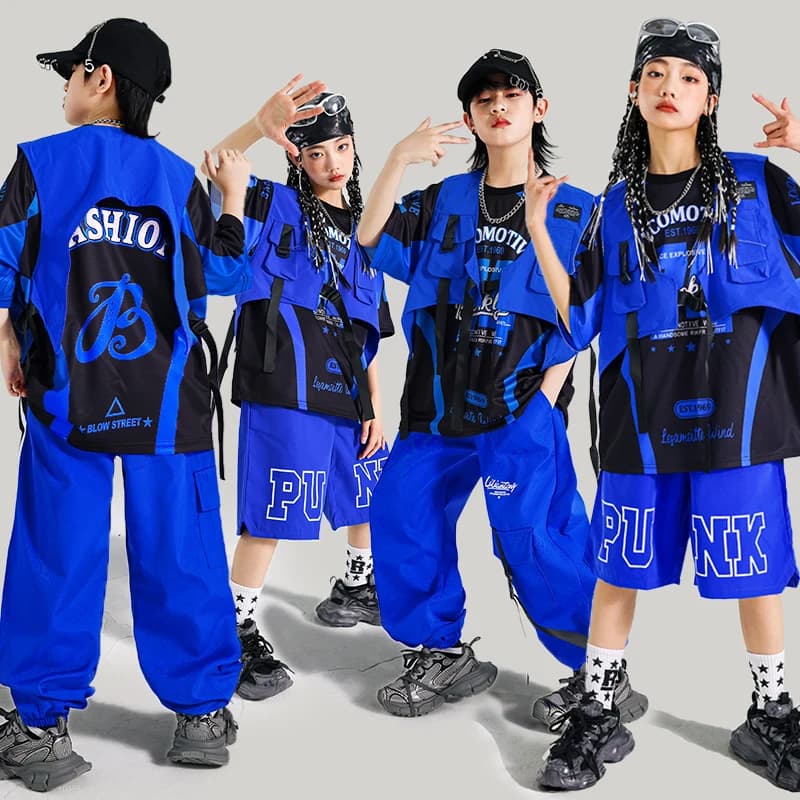 Boys Hip Hop Blue T-shirt Cargo Pants Street Dance Shorts Girls K-pop Jazz Costume Children Cool Clothes Set Kid Streetwear