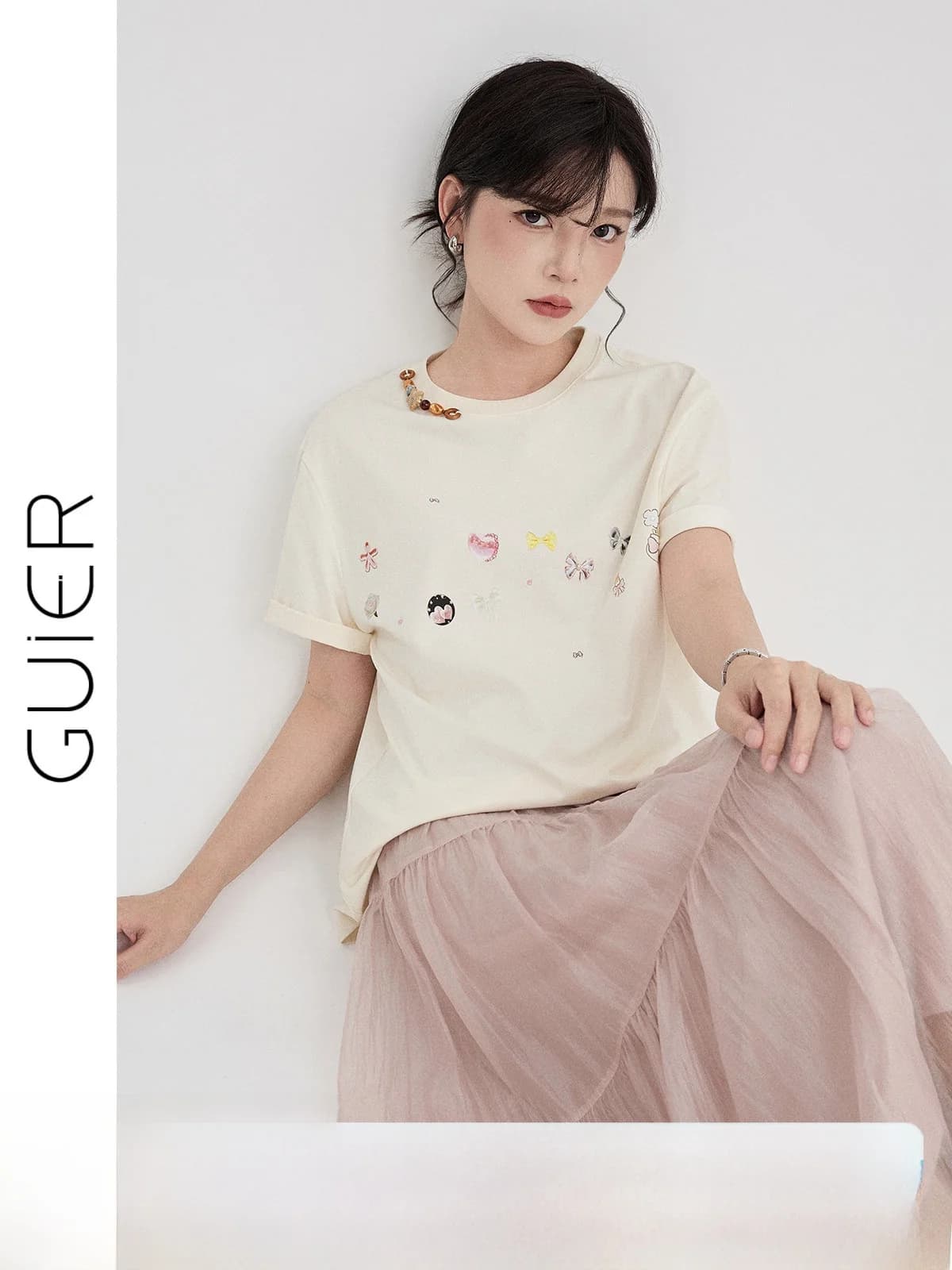 Loose Short Sleeve round Neck T-Shirt Women's Summer New Casual Versatile Print Design Top Comfortable Fit Knot Detail