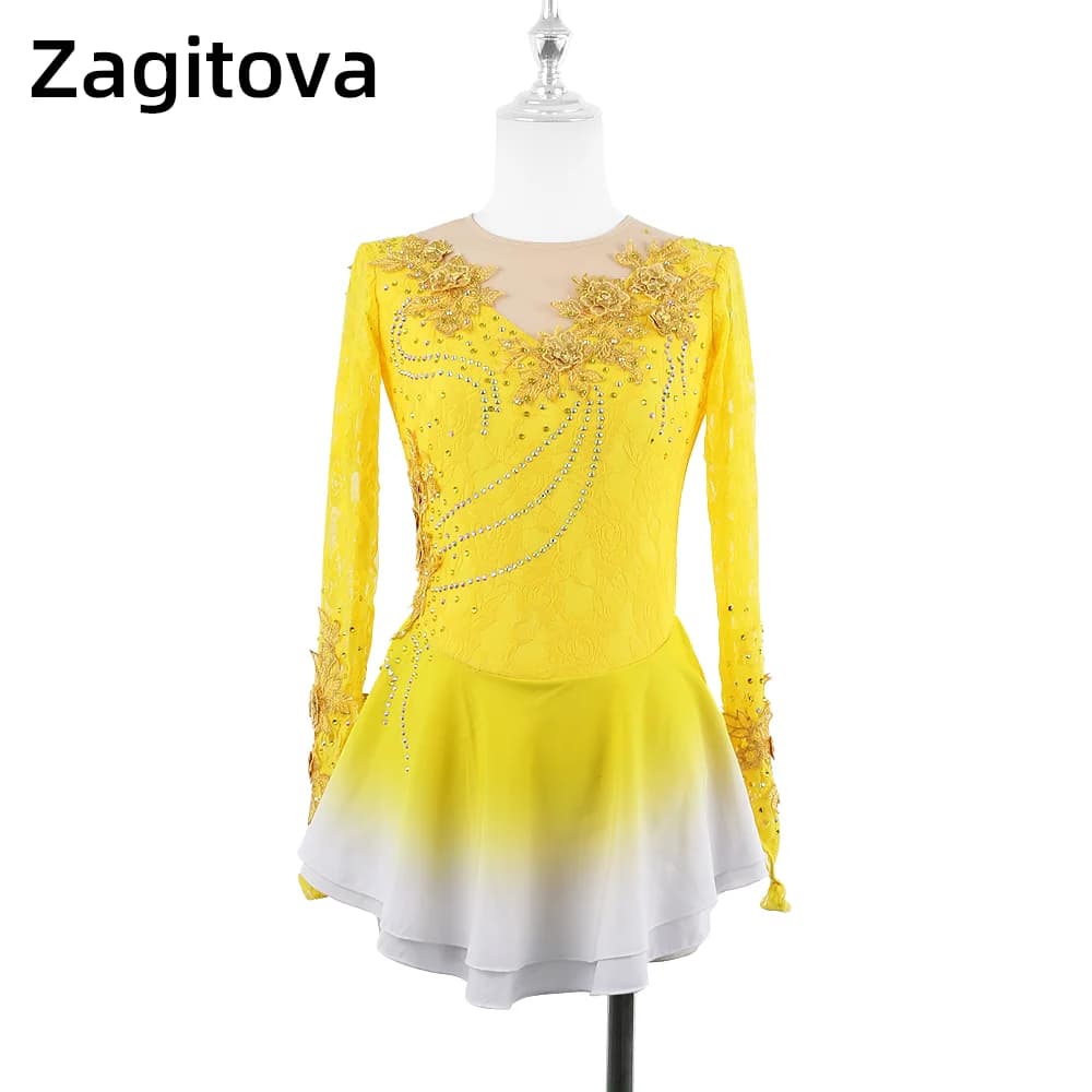 Abito da Pattinaggio Artistico ZAGITOVA per Donne e Ragazze, Gonna da Pattinaggio su Ghiaccio con Sfumature, Pizzo, Strass e Rete