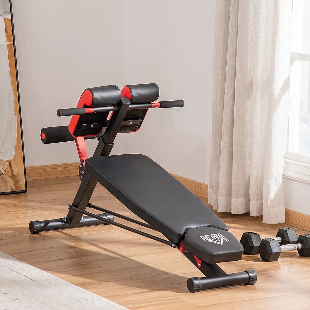 Soozier multifunctional bench with adjustable hiper extension handlebars Red foam legs supports 7 thigh cushions Home gym strength