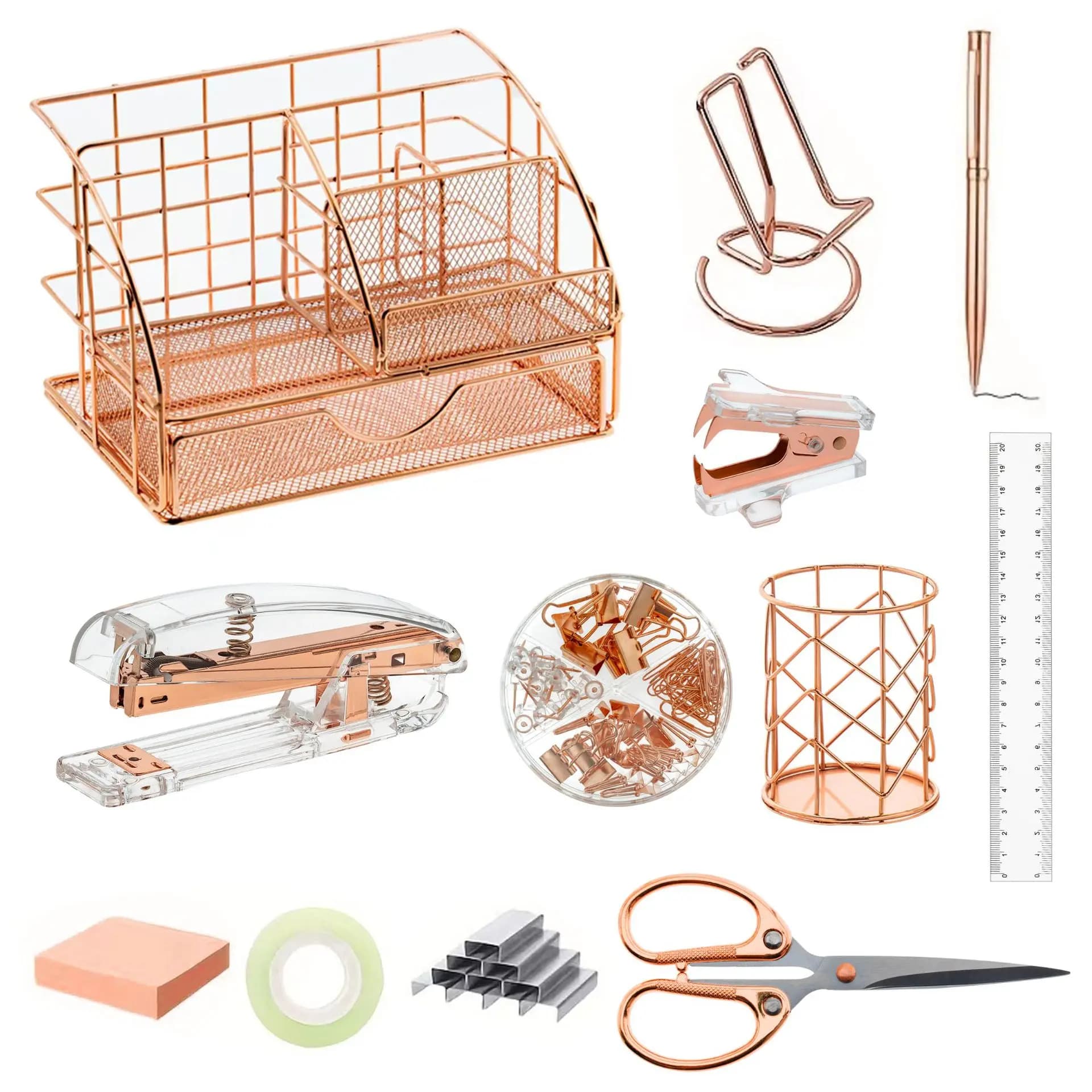 Organizzatori da scrivania Accessori Forniture per ufficio Set Cucitrice, Portapenne, Porta telefono, Forbici, Penna, Righello, 30 graffette, 22 leganti