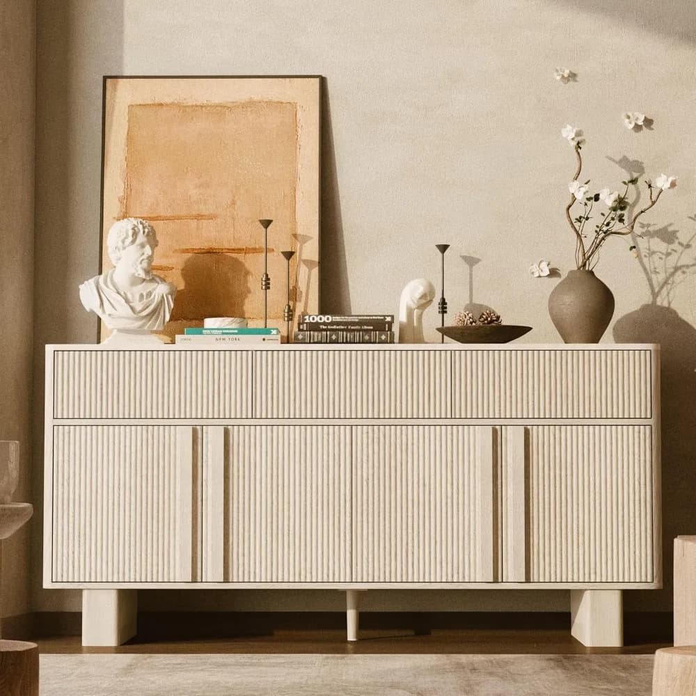Credenza ampia con contenitore, buffet moderno con 3 cassetti e 4 ante, mobile contenitore con 2 gambe rinforzate