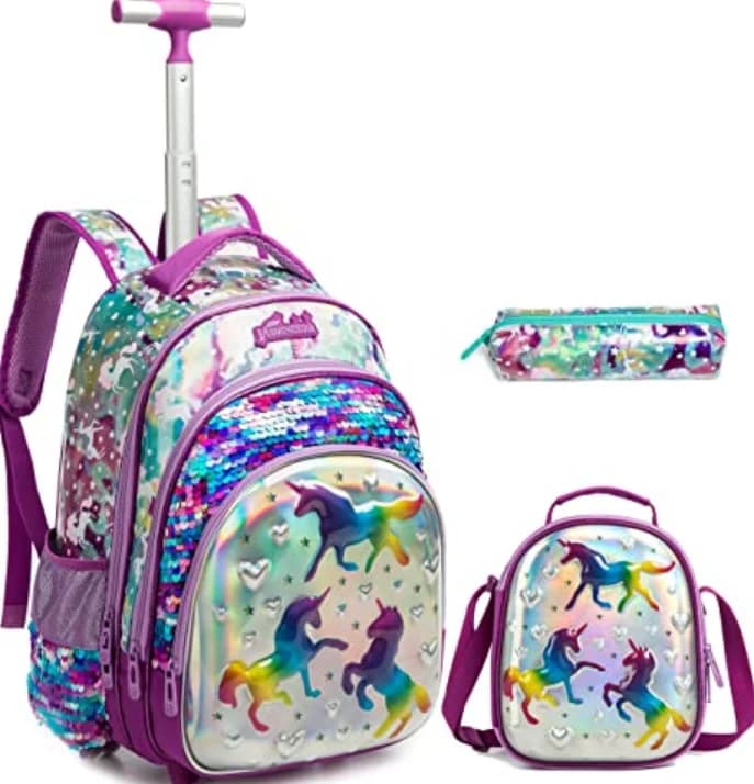 Zaino trolley scolastico per ragazze, set zaino con ruote e borsa termica per il pranzo