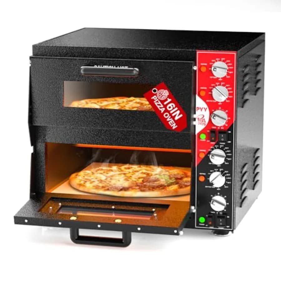 Forno Elettrico per Pizza da Interno a Doppio Livello da 16 Pollici con Pietra Refrattaria, Timer a Anello da 60 Minuti, 3200W, Certificato ETL, Nero, per Casa e Ufficio