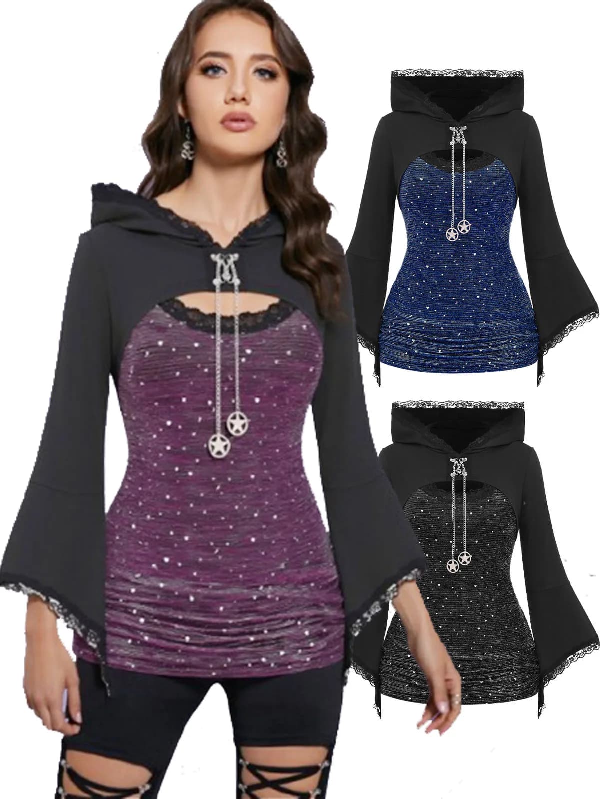 ROSEGAL Plus Size Women's Dresses Punk Gothic Lace Panel Bell sleeves Chains with Strug hood and structured vest