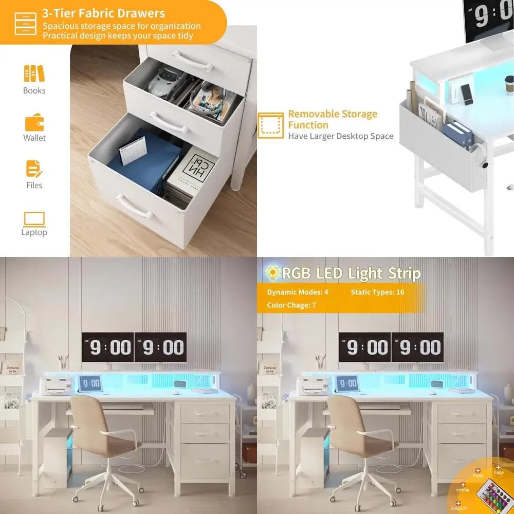 White computer desk with keyboard tray - 47 inch white office desk with fabric document cabinet, monitor support, power sockets,