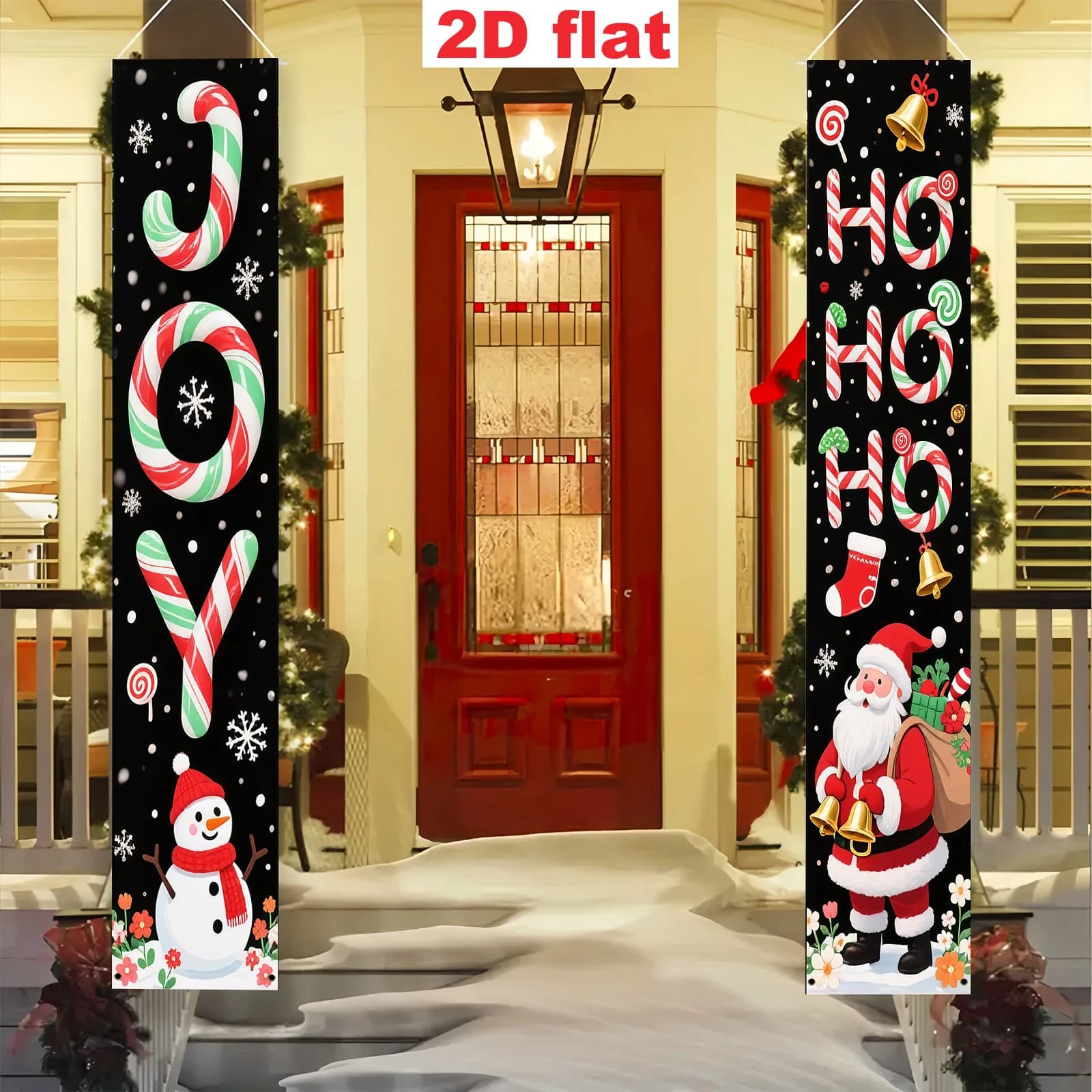 Decorazione per feste con banner piatto 2D da 1 pezzo, decorazione per porta di benvenuto natalizia, con Babbo Natale, campanelli, calzini e disegni di caramelle