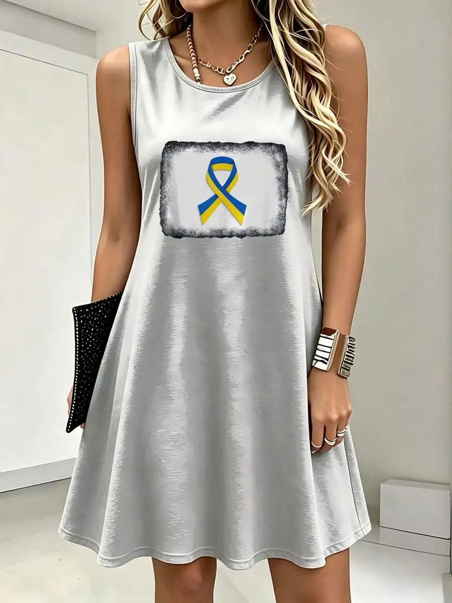 Plus Size Women's Summer Sleeveless Dress- Ukrainian Bow Tie Print, Round Neck Casual Long Dress, Machine Washable Suitable