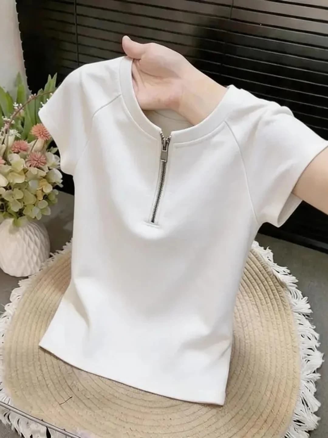 White round Neck Zipper Design Short Sleeve T-Shirt Women Summer plus Size Slimming Versatile Top Korean Style Commute Fashion