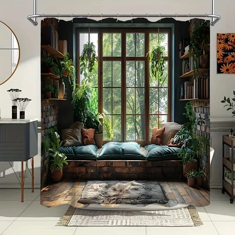 Finestra rustica con libri e piante Tenda da doccia: accogliente arredamento da bagno, perfetta per quelle che amano vintage e ispirata alla natura