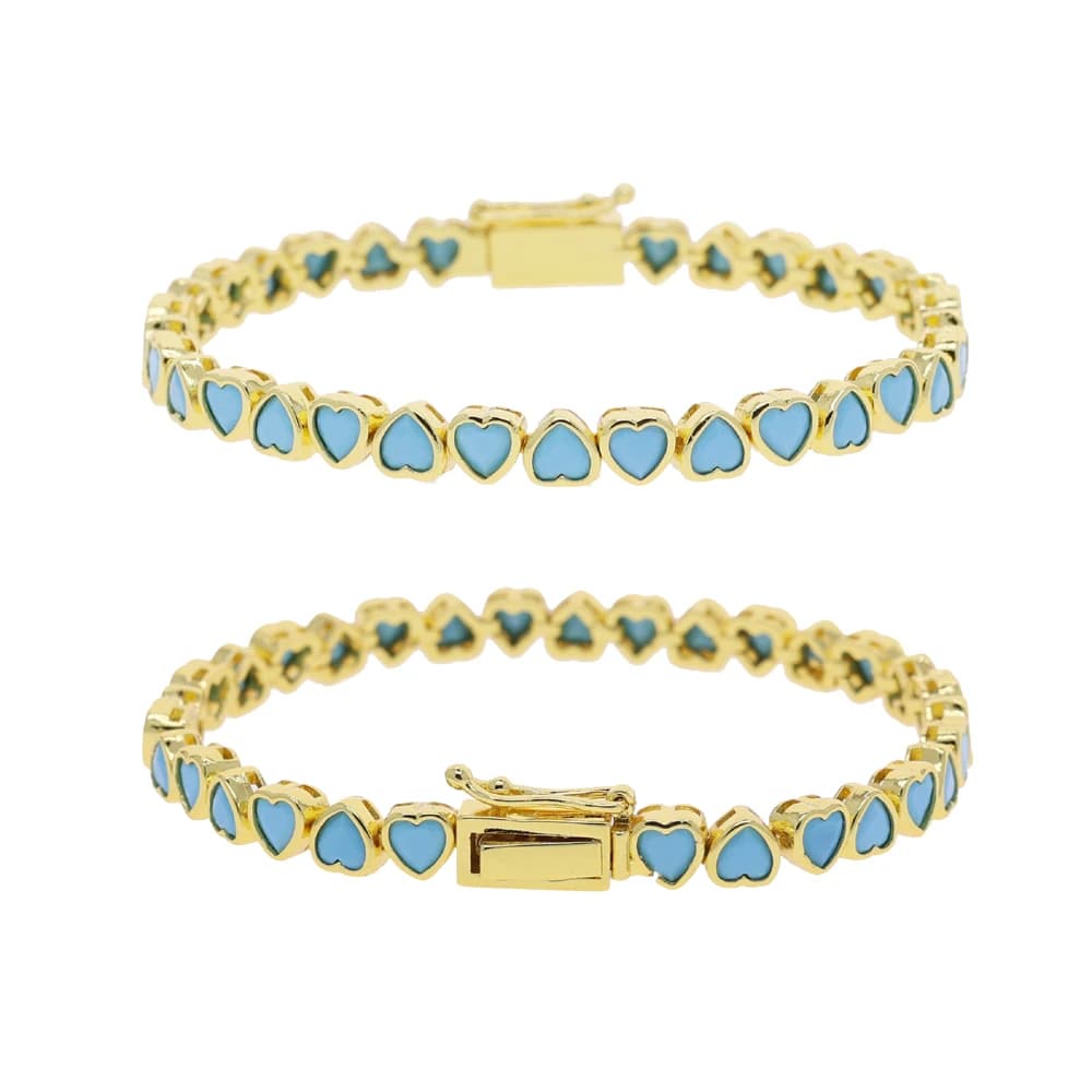 Heart Shaped Blue Turquoises Stone Paved Geometric Bezel Cubic Zirconia CZ Tennis Chain Bracelet Classic Fashion Women Jewelry