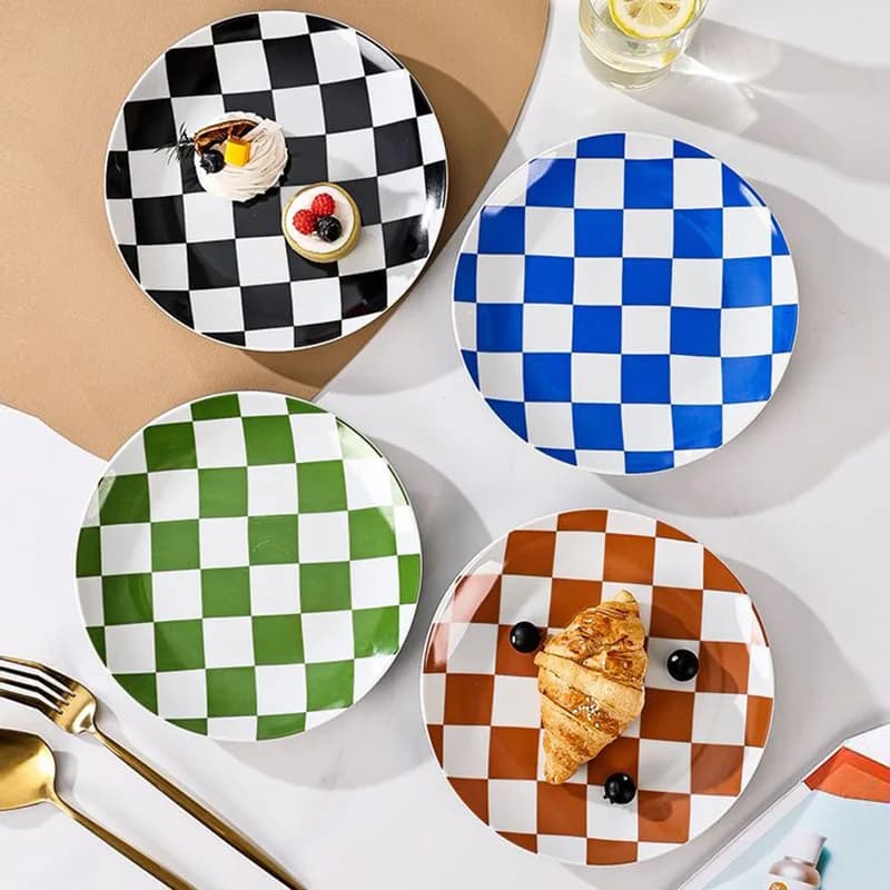 Griglia di scacchi creativa piatto in ceramica stoviglie per la cena a casa piatto da bistecca occidentale pane squisito piatti da Dessert utensili da cucina casa
