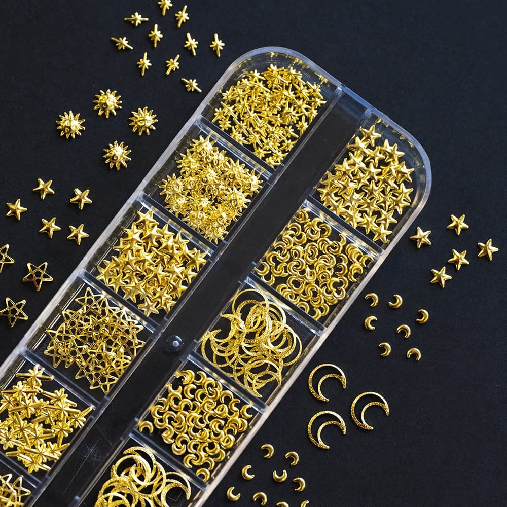 1000 pz Oro Stella Luna Glitter Pendenti E Ciondoli Per Unghie Punte di Metallo Fetta Rivetto FAI DA TE 3D FlatBack Unghie artistiche Decorazioni Unghie Accessori Dei Gioielli