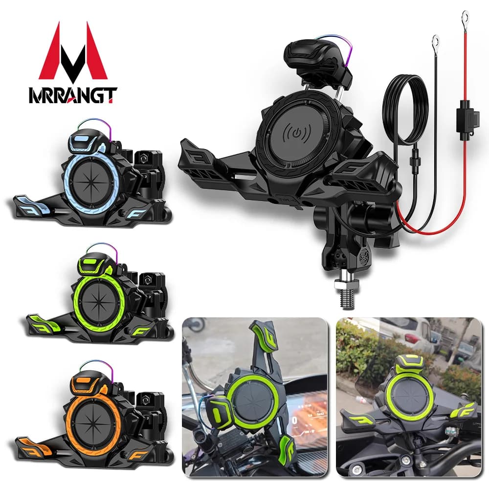 Supporto per telefono da moto MRRANGT a quattro colori con ricarica wireless, supporto per telefono antiurto e stabile per la navigazione