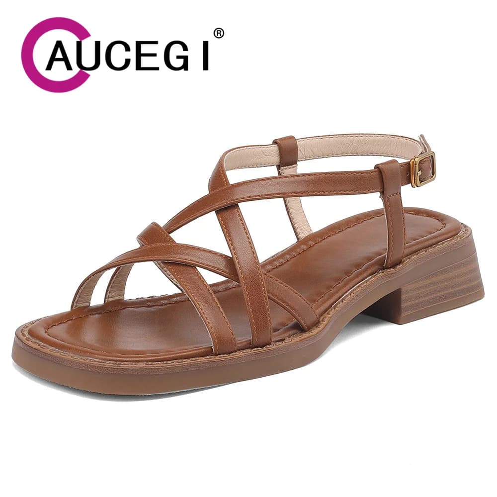 Aucegi Genuine Leather Large Size 34-43 Peep Toe Summer Sandals Fashion Elegant Office Ladies Basic Business Casual Ins Shoes