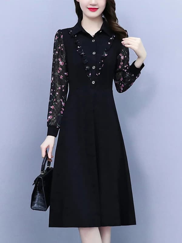 Elegant Long Sleeve Midi Dress Women's Fashion Spring Autumn Winter New Style Mom Beautiful Atmosphere Fake Two-Piece Dress