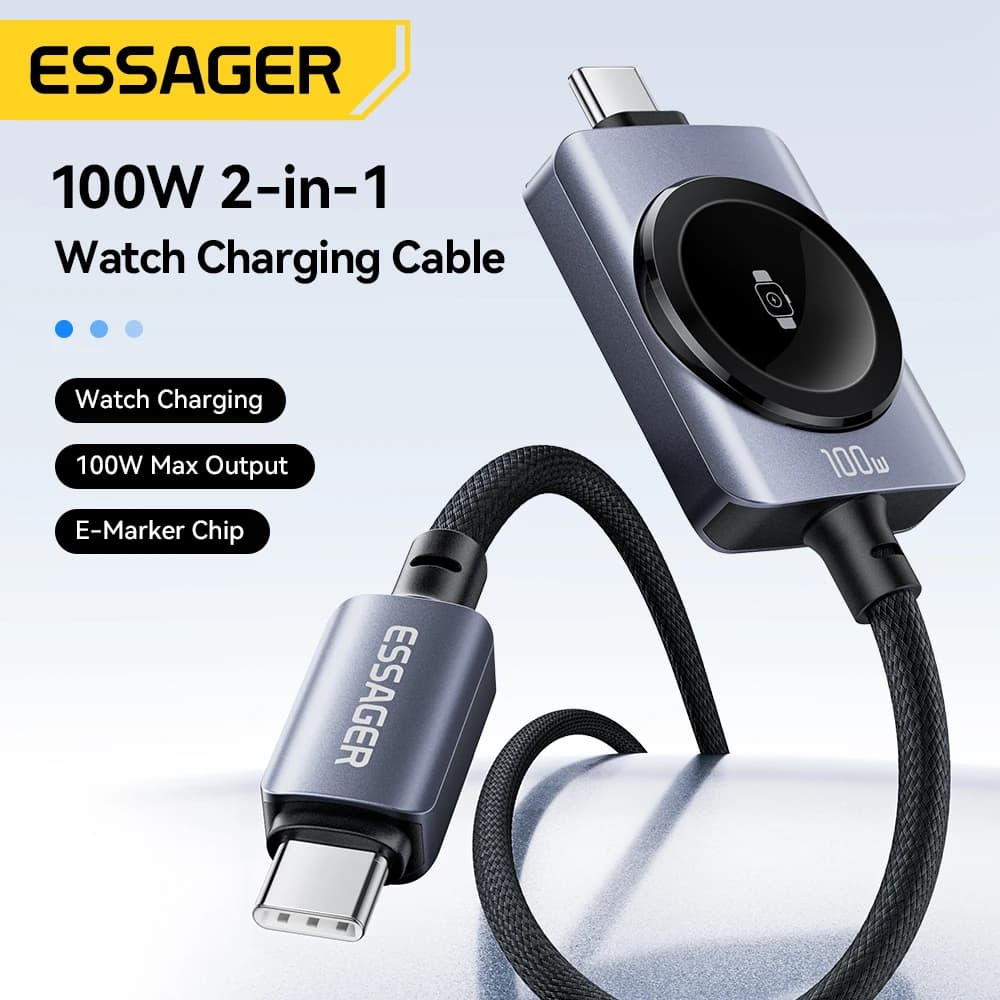Essager 100W Fast Charging 2-in-1 Magnetic Cable for iPhone 17/16/15/14 Apple Watch Type-C to Type-C Watch Charging Accessory