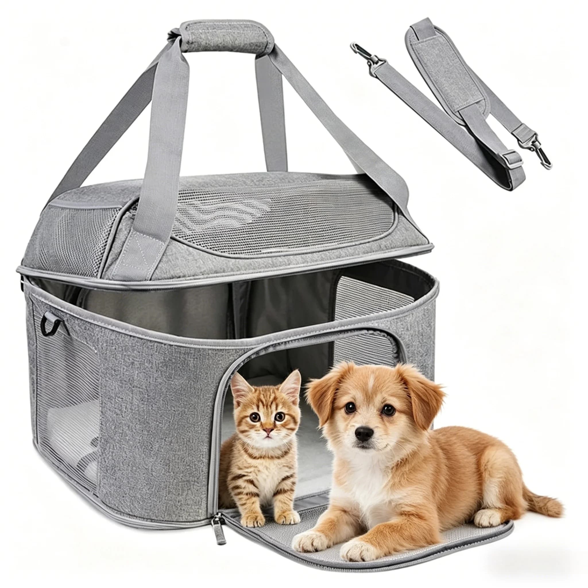 Trasportino Morbido per Gatti/Cani/Animali Domestici, Trasportino da Viaggio Pieghevole per Gatti Grandi/Cani Piccoli con Tracolla e Tappetino Rimovibile