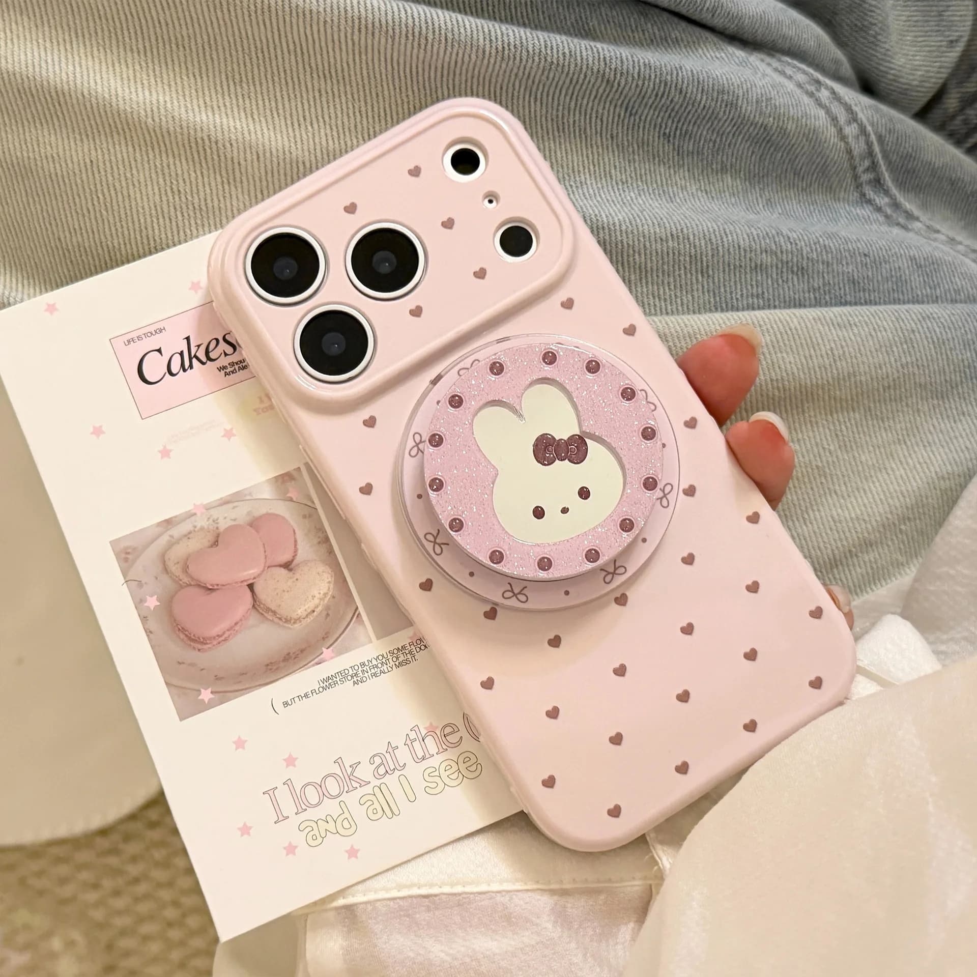 Korean Love Heart Cartoon Bunny Glitter Mirror Magnetic Bracket Phone Case For iPhone 17 16 15 14 13 12 Pro Max Shockproof Cover