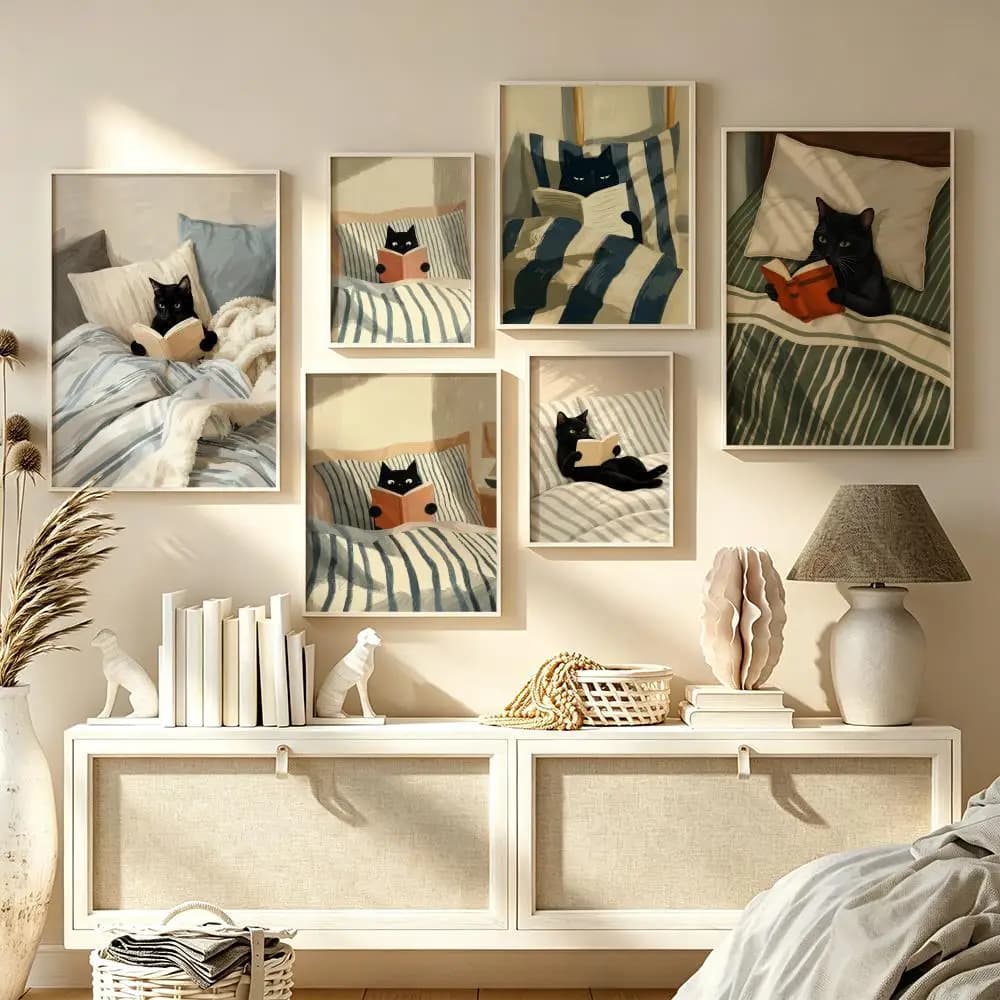 Black Cat Reading In Bed Art Set Painting Calligraphy Canvas Poster Bedroom Living Room Bar Hallway House Interior Wall Decor
