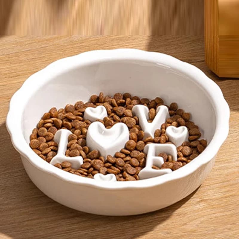 Ciotole per alimenti in ceramica Love per mangiare lento, protezione anti-ribaltamento del collo, bocca piatta, ciotola per gatti lento anti-soffocamento, forniture per animali domestici, 1 pezzo