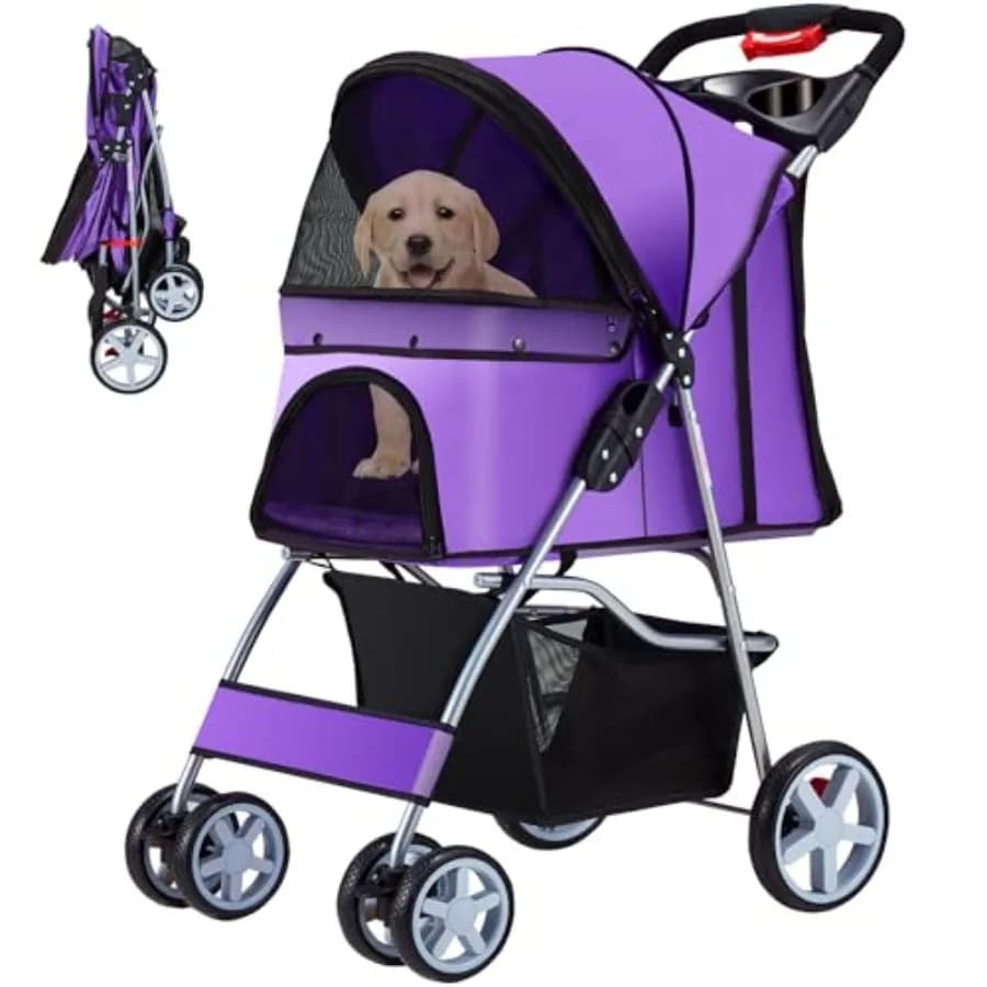 Pet Stroller, 4 Wheels Pet Strolling Cart for Medium/Small Dogs and Cats, Foldable Cat Jogger/Dog Stroller with Cup Holder, Sto
