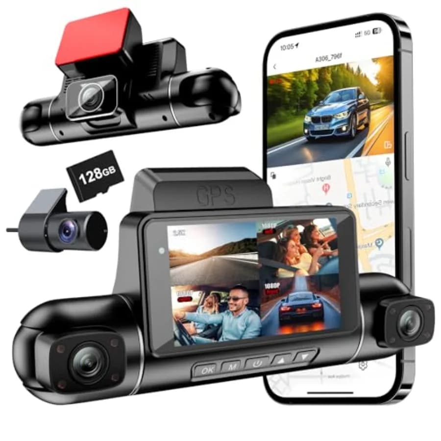4 Channels 360 Dash Cam for Cars: 2.5K+1080P Front/Rear Cameras, Aluminum Alloy Body, Black, Built-in G-Sensor, GPS, 128GB Card