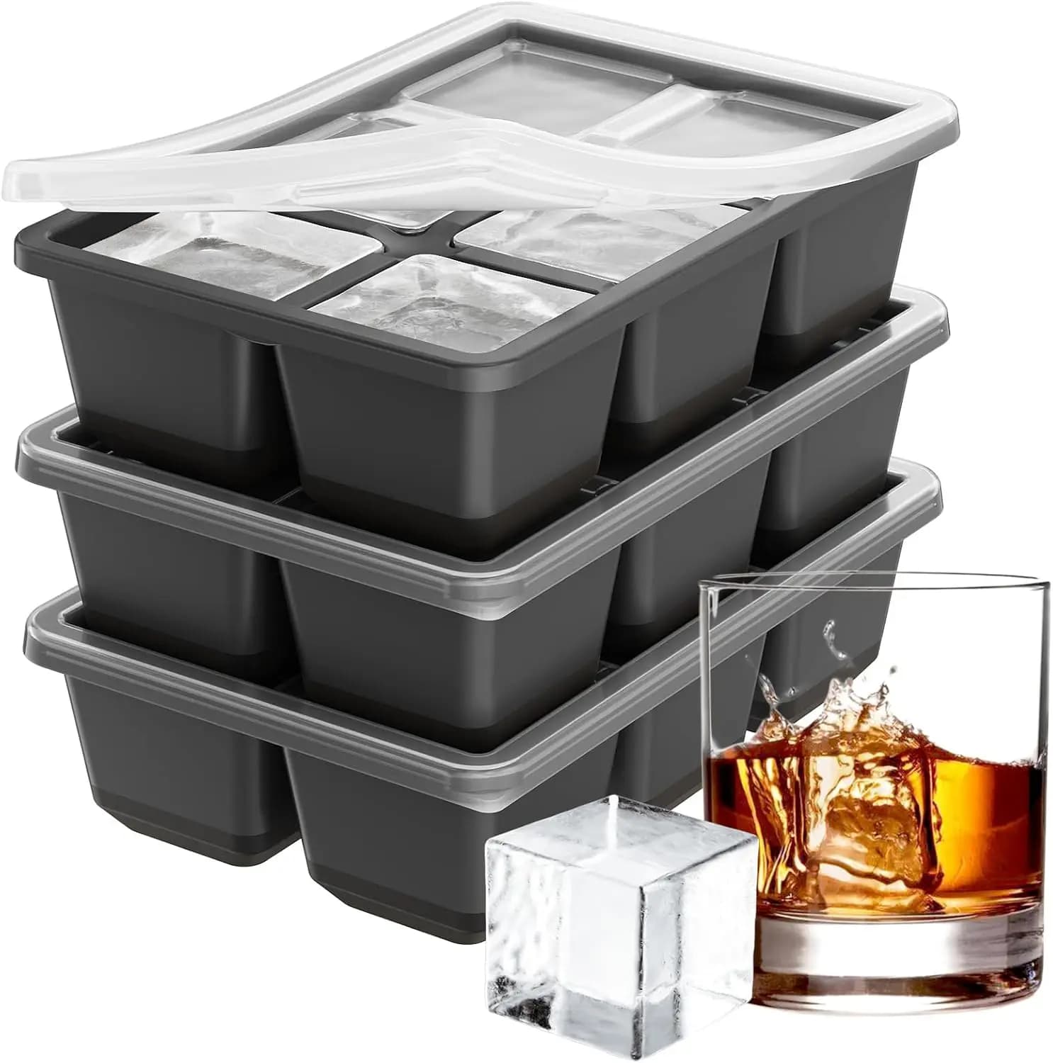 Stampi per Cubetti di Ghiaccio Quadrati Grandi, Set da 3 Vassoi Impilabili con Coperchio, Facile Rilascio per Cocktail e Whisky