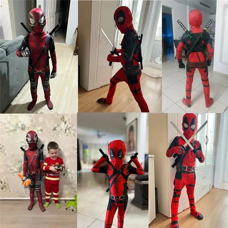 Film Deadpoo Cosplay Costumi per bambini Body per Halloween Festa di carnevale Gioco di ruolo Guanfit con borsa per spada