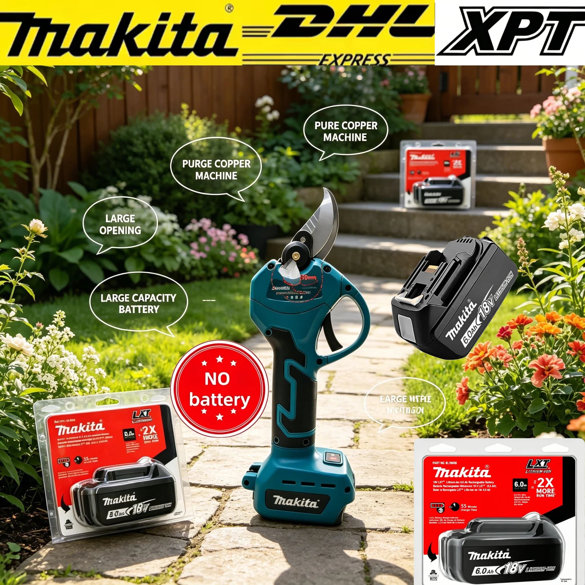 Premium Original Makita BL1860 Complete Combo, auto voltage stabilizer, all-in-one kit with heat gun, drill and pruning shear
