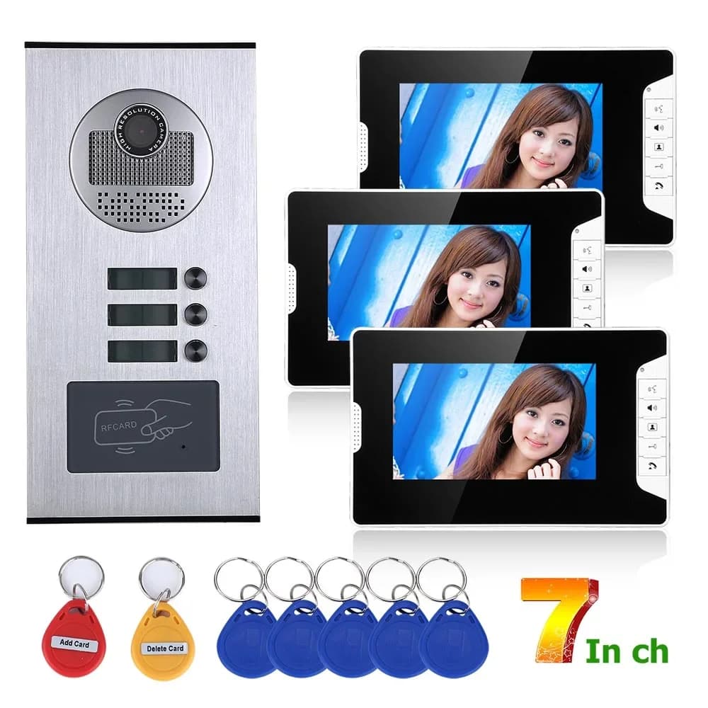 Videocitofono impermeabile da 7 pollici per appartamento/famiglia, sistema citofonico RFID IR-CUT HD 1000TVL, telecamera con 3 pulsanti, 3 monitor