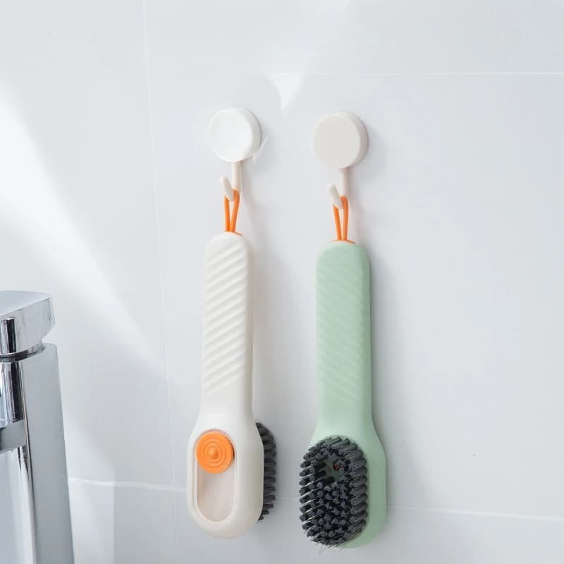 Spazzola per scarpe con dispenser di liquido, spazzola multifunzione per lavaggio scarpe, spazzola per pulizia domestica con erogazione a pressione e setole morbide