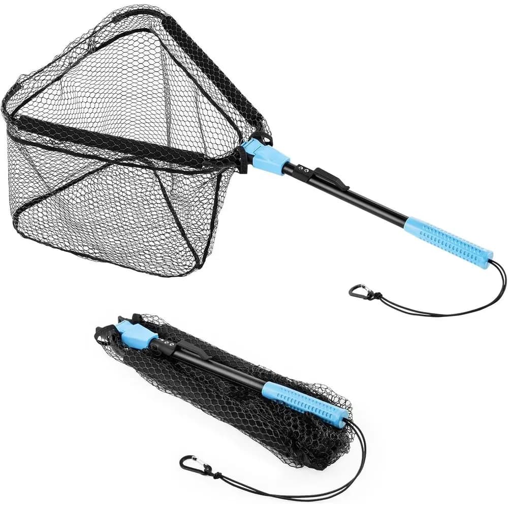 Rete da pesca pieghevole, leggera e resistente, con impugnatura antiscivolo, cavo elastico e clip da cintura - Regalo ideale per i pescatori