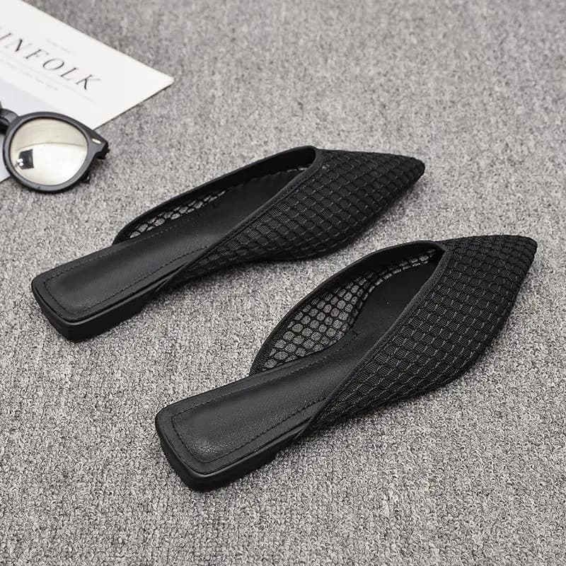 fashion Summer Mesh Women Flats Pointed Toe Slippers Fad Casual Breathable Mules Shoes Slingback Sandals Slides Lady Flip-flops