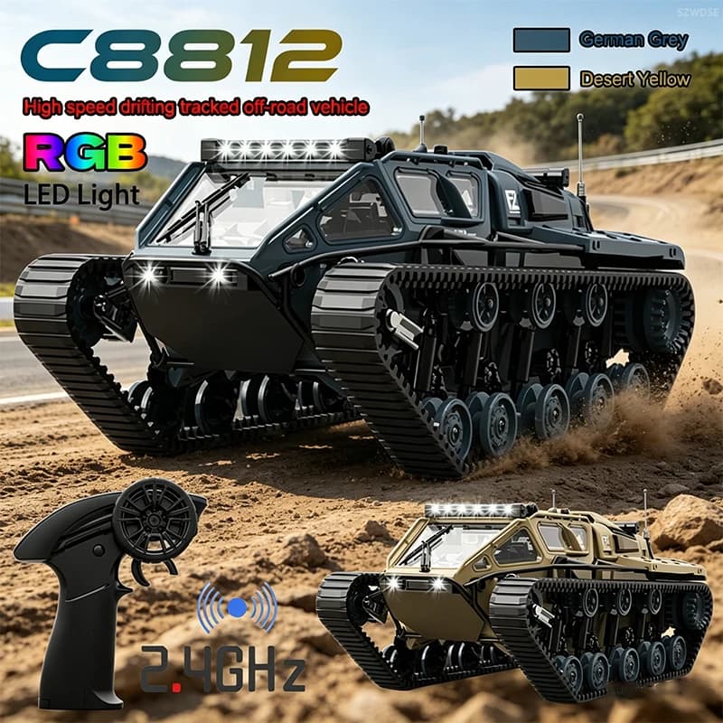 Nuovo Aggiornamento C8812 Auto RC Carro Armato Cingolato in Scala Reale con Luci LED, Simulazione Drift, Veicolo Fuoristrada Telecomandato per Bambini