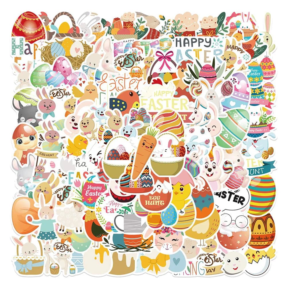 10/30/50/100 Pezzi Adesivi Festivi Pasquali, Simpatici Sticker con Uova, Conigli e Animali Cartoon per Laptop, Telefono, Chitarra, Decorazioni