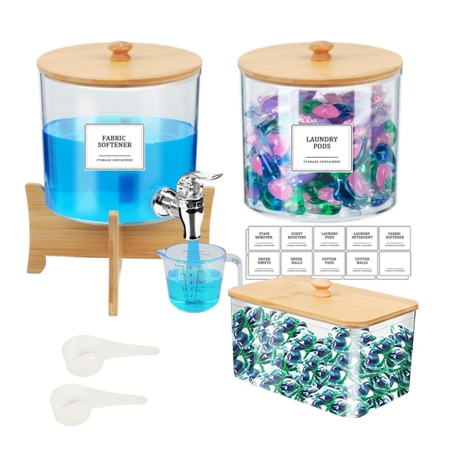 Liquid laundry detergent dispenser, laundry organization, laundry waffle container and drying roll holder with covers and labels