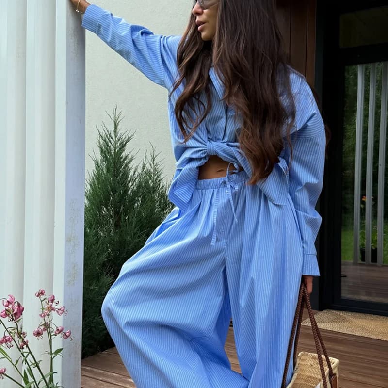 Spring Stripe Shirt Suit Women Lapel Long Sleeved Loose Blouse+high Waist Drawstring Tapered Pants Autumn Female Two Piece Set