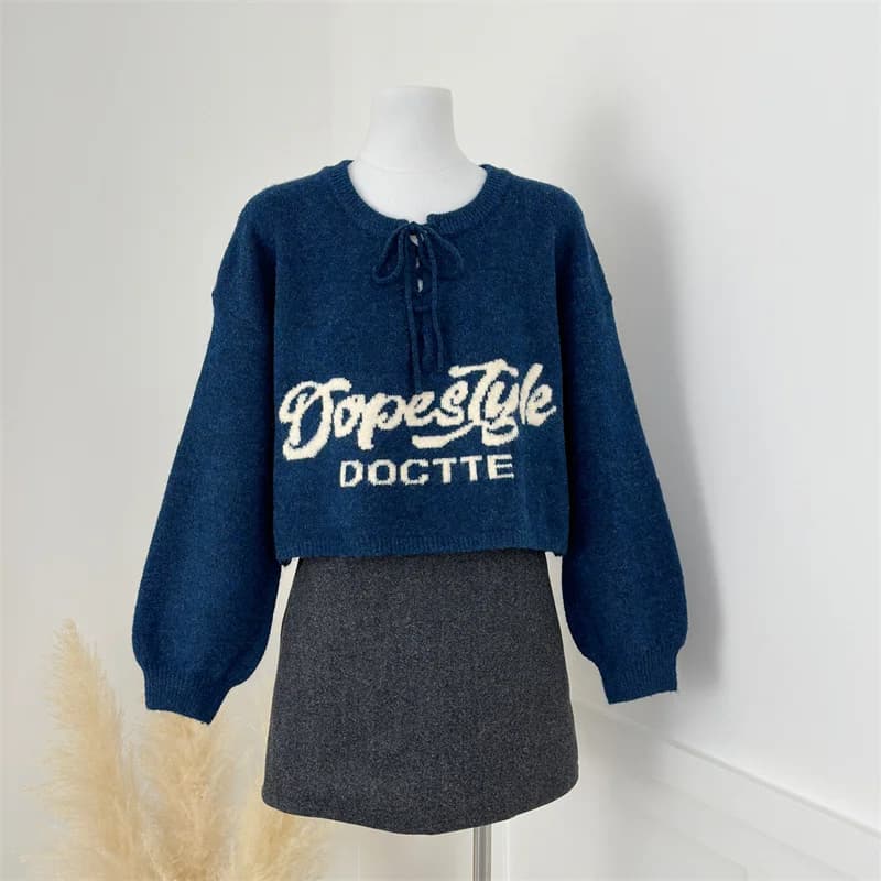 Maglione corto allentato a maniche lunghe con scollo a O casual da donna Maglione pullover morbido con maniche a lanterna con stampa di lettere autunno inverno