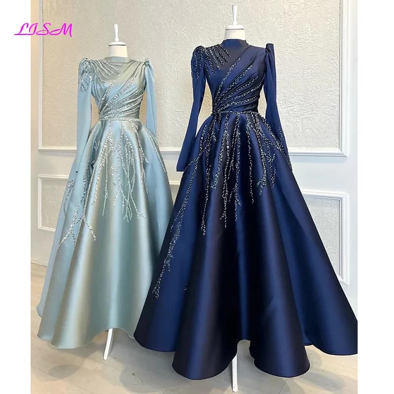 Abiti da sera musulmani a maniche lunghe con perline in raso blu scuro Abiti da ballo formali con collo alto caftano marocchino Robe De Soiree