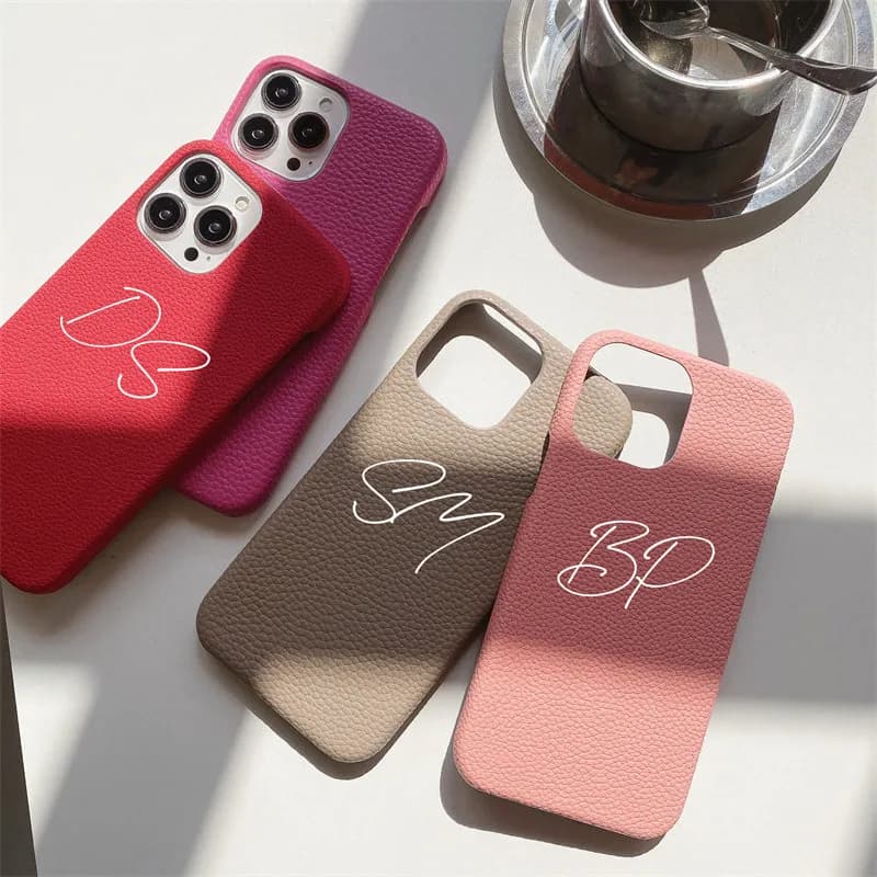 Personalised Name Initial Letter Pebble Grain Leather Case for iphone 17 12 16 13 15Pro Max air 14 15Plus Luxury Hard PU Cover