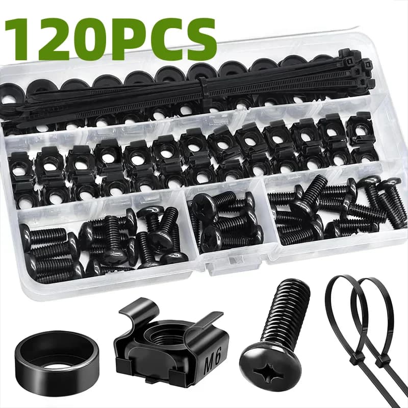 Set di rondelle per dadi a vite con gabbia M6 da 120 pezzi Kit di assortimento di fascette autobloccanti per armadi con scaffali per server e filettatura metrica per montaggio su rack