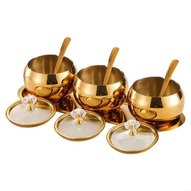 Multipurpose Stainless Steel Salt Sugar Storage Set with Tray and Spoons X3UC