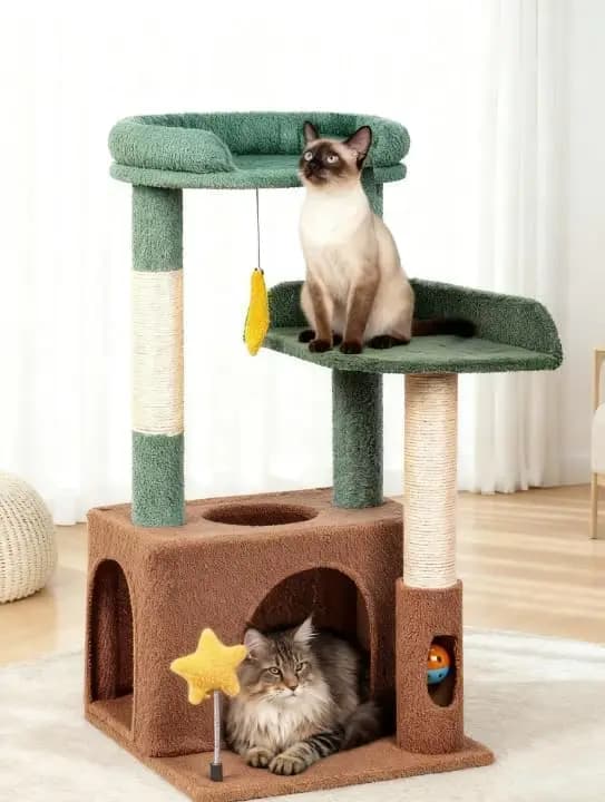 Torre per Gatti da Interno da 31 Pollici con Cuccia, Piattaforma, Amaca, Tiragraffi, Palla e Spazzola per la Toelettatura, Verde Oliva