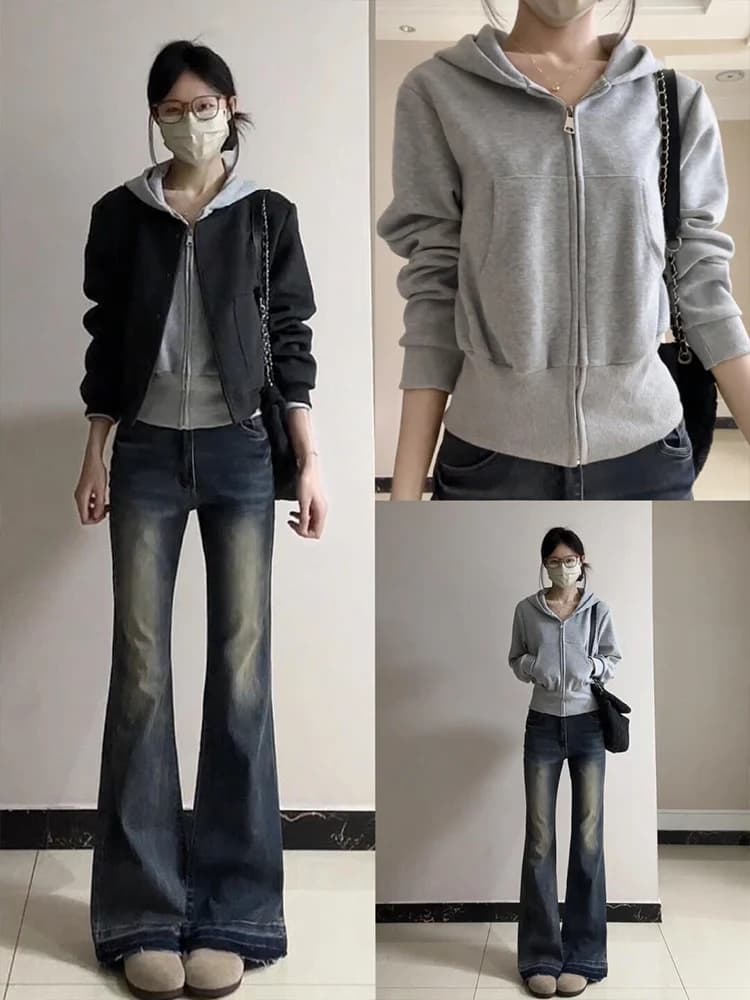 Giacca Corta con Cappuccio Grigia da Donna, Primaverile/Autunnale, Slim Fit, con Cerniera e Vita Stretta, Cardigan Aperto, Top alla Moda per il Pendolarismo