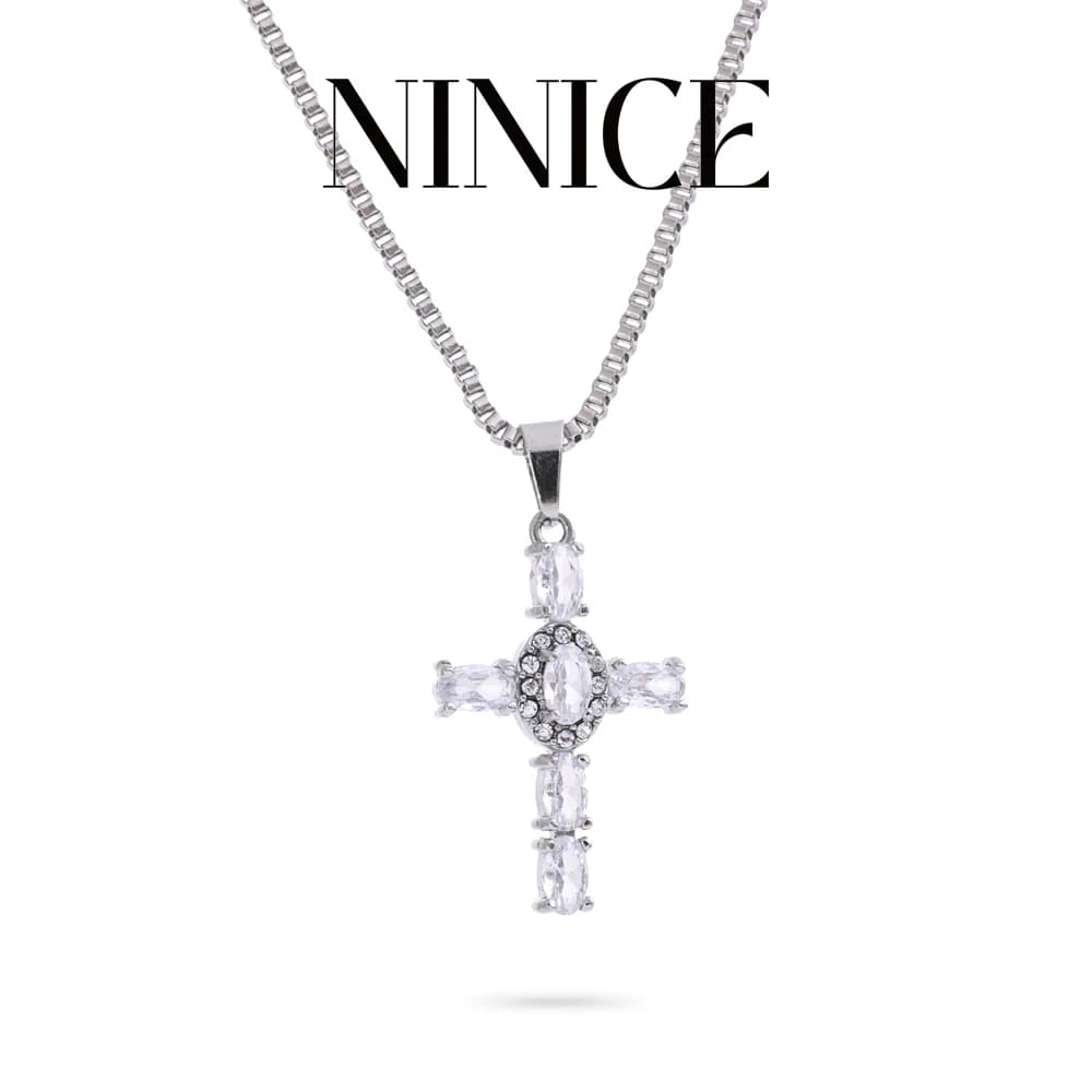 NiNice Delicate Colorful White Cubic Zirconia Cross Necklace Pendant Stainless Steel High-Grade Exquisite Jewelry 2025
