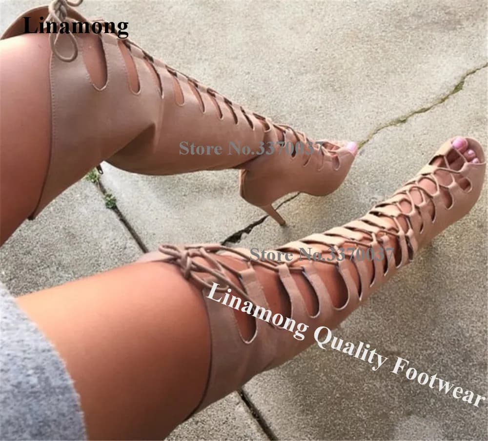 Linamong Moda Stivali gladiatore con tacco a spillo in pelle scamosciata beige sopra il ginocchio Stivali lunghi con tacco sottile con lacci e punta aperta