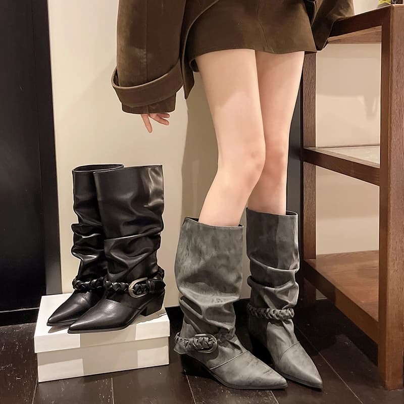 Pointed Toe Pleated Stack Boots 2026 New Belt Buckle Block Heel Tall Fashion Boots